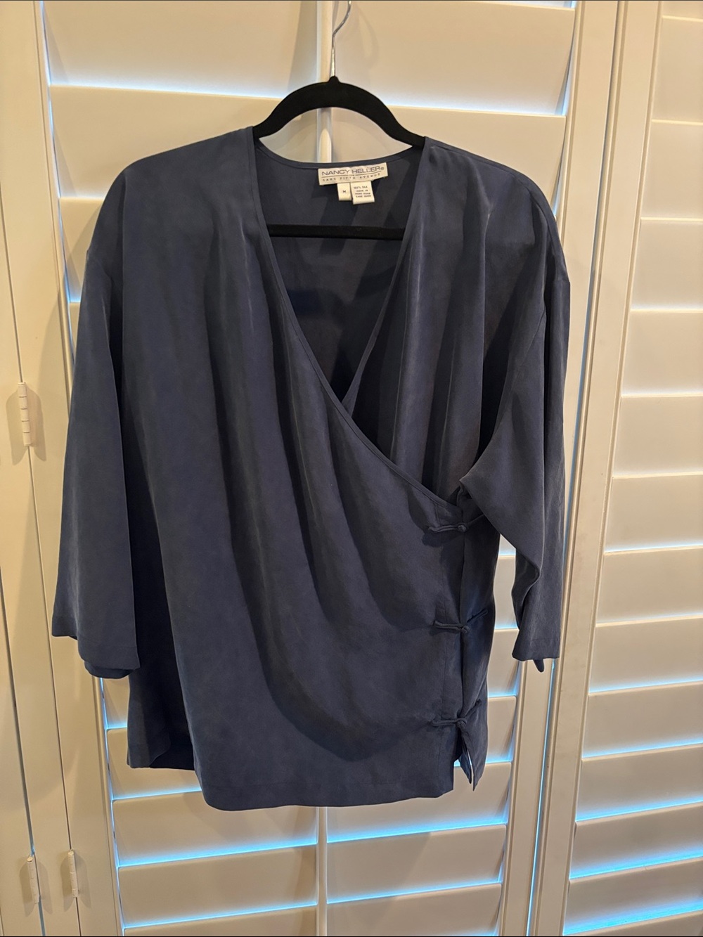 Nancy Heller for Saks Fifth Avenue Slate Blue Wrap Style 100% Silk Blouse